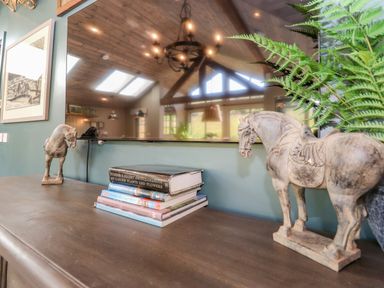 A wooden table with two horse statues and a stack of books in front of a TV reflecting a room with a wooden ceiling and chandelier at The Owl's Shack in Kendal