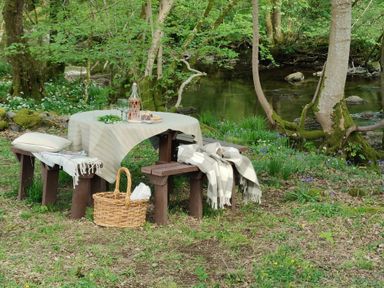 An outdoor picnic table with benches a tablecloth a basket and blankets by a river in a wooded area at The Owl's Shack in Kendal