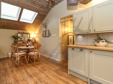 A dining area with a round wooden table, four chairs, and a sideboard under skylight windows at The Badger's Shack in Garnett Bridge Longsleddale Near Kendal