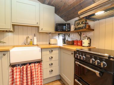 A kitchen with a sink toaster stove and shelves at The Badger's Shack in Garnett Bridge Longsleddale Near Kendal