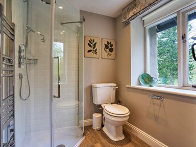 A bathroom with a glass shower enclosure a toilet two framed leaf prints on the wall and a window with a ceramic pitcher and plate on the sill at The Old Water Mill in Kendal