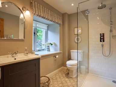 A bathroom with a sink and mirror next to a window with flowers a toilet and a glass shower at The Old Water Mill in Kendal