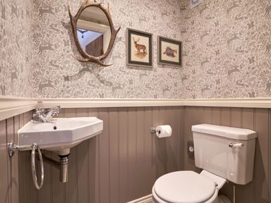 A bathroom with a white toilet and sink with animal-themed wallpaper and a framed animal print at The Old Water Mill in Kendal