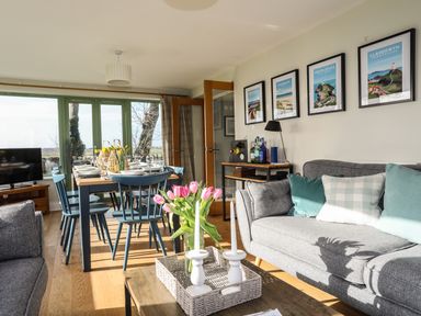 A living room and dining area with blue chairs a wooden table pink tulips candles on a coffee table and framed pictures on the wall at Dolwaenydd in Brynsiencyn