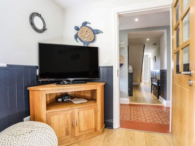 A corner with a wooden TV stand holding a flat screen TV and controllers wall decorations and a hallway visible through an open door at Dolwaenydd in Brynsiencyn