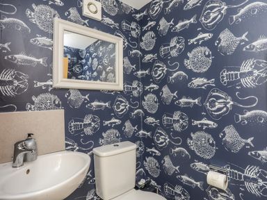 A bathroom with a sink, toilet, mirror, and fish-themed wallpaper at Dolwaenydd in Brynsiencyn