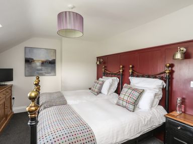 A bedroom with two single beds with brass bed frames a wooden dresser and a wall painting at Dolwaenydd in Brynsiencyn