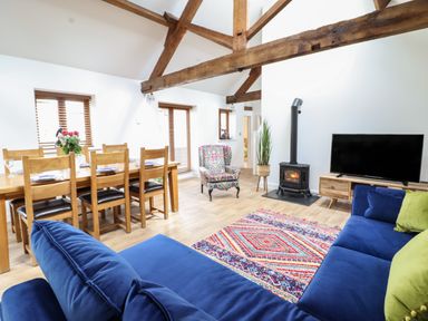 A living room with a blue sofa a colorful rug a wooden dining table and chairs a patterned armchair a plant a wood stove and a television at The Clockhouse in Llandyssil near Montgomery