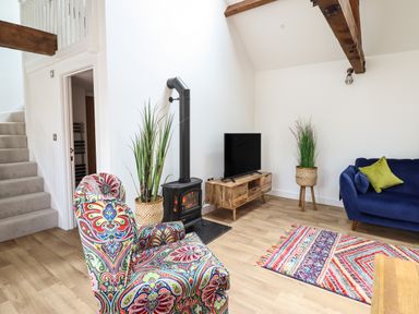 A living room with a colorful armchair a wood stove and a television on a wooden stand at The Clockhouse in Llandyssil near Montgomery