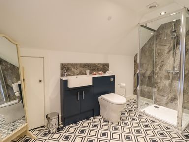 A bathroom with a toilet, sink cabinet, shower enclosure, full length mirror and patterned floor at The Clockhouse in Llandyssil near Montgomery