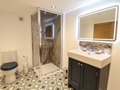 A bathroom with a toilet a glass shower cubicle and a sink with an illuminated mirror at The Clockhouse in Llandyssil near Montgomery