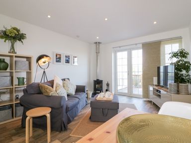 A living room with a sofa cushions and a wood stove near glass doors at Badgers Way in Tintagel