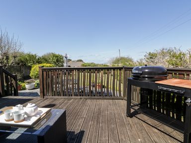 A wooden deck with a barbecue grill a tray with tea set on a table and a garden with plants and trees at Badgers Way in Tintagel