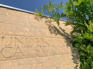 A stone wall engraved with Under Catswood partially covered by green leaves and a blue sky