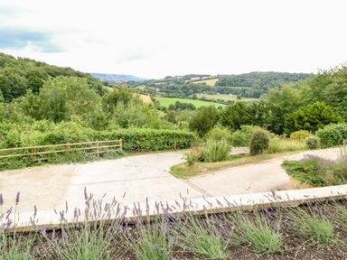 A garden with plants and a driveway overlooking green fields and hills at Under Catswood in Elcombe near Stroud