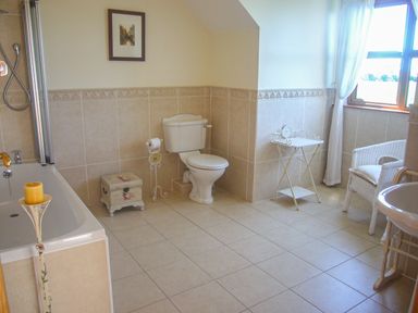 A bathroom with a bathtub a toilet a wicker chair a small table a framed picture and a window at Tra Gheal Kilmore County Wexford