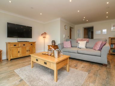 A living room with a gray sofa with cushions a wooden coffee table with a bottle and glasses a wooden cabinet with a flat screen TV and a floor lamp at The Lobster Pot in Westward Ho
