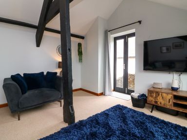 A living room with a blue armchair blue rug wooden TV stand and black beams at Horseshoe Cottage in Hartland