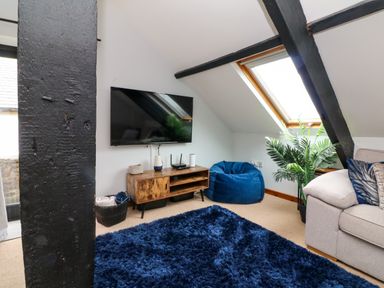 A living room with a mounted television wooden cabinet blue bean bag beige sofa and a blue rug at Horseshoe Cottage in Hartland