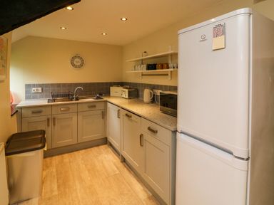 A kitchen with grey cabinets a white refrigerator a microwave kettle toaster a clock on the wall and shelves with mugs at Horseshoe Cottage in Hartland