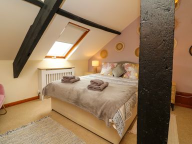 A bedroom with a double bed beside a skylight window and a lamp at Horseshoe Cottage in Hartland