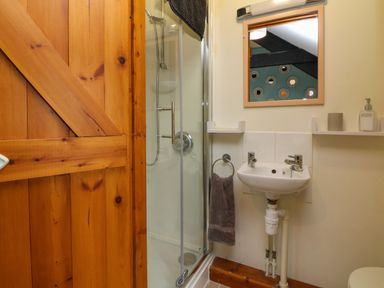 A bathroom with a wooden door a glass shower enclosure a small sink with a mirror and a gray towel at Horseshoe Cottage in Hartland