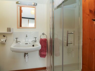 A bathroom with a sink mirror and shower at Horseshoe Cottage in Hartland