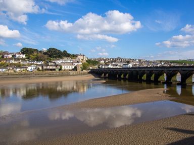 A river with a stone bridge and houses on a hill under a blue sky at Horseshoe Cottage in Hartland