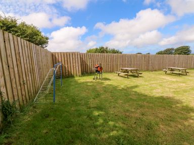 A fenced grass yard with two picnic tables a barbecue and a small soccer goal at Horseshoe Cottage in Hartland