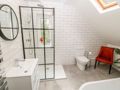 A bathroom with a shower, a sink with mirror, a toilet, and a red chair at Afallon in Menai Bridge