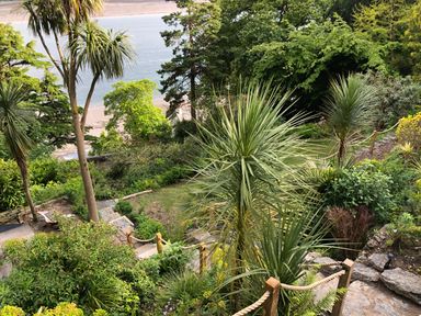 A garden with stairs and various green plants overlooking a body of water at Afallon in Menai Bridge