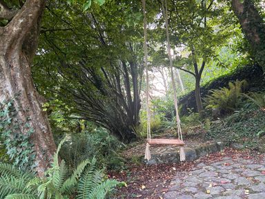 A swing hanging between trees in a garden at Afallon in Menai Bridge