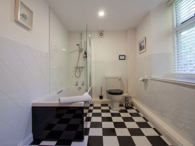 A bathroom with a bathtub, toilet, shower, and sink at Carrows Stable in Morwenstow