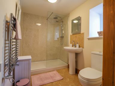 A bathroom with a shower, sink, toilet, towel rack, and a window at Gwennol Cottage Golden Grove near Llandeilo