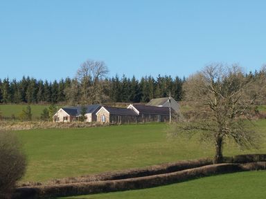 A stone cottage on a green hillside with trees in the background at Sewin Cottage in Golden Grove near Llandeilo