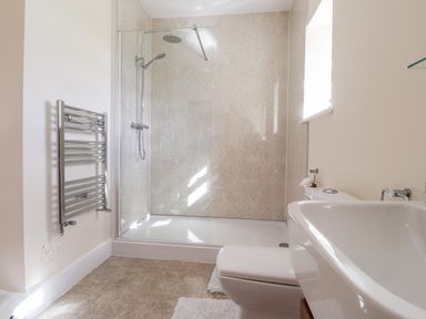 A bathroom with a shower enclosure toilet sink and heated towel rail at Sewin Cottage in Golden Grove near Llandeilo