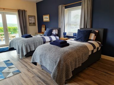 A bedroom with two single beds with gray blankets and navy pillows a window with blinds and curtains and glass doors opening to an outside picnic table at Sewin Cottage in Golden Grove near Llandeilo