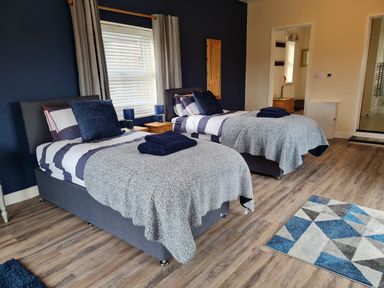 A bedroom with two single beds side by side with striped bedding blue pillows and grey blankets at Sewin Cottage Golden Grove near Llandeilo