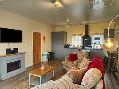 A living room and kitchen area with sofas a coffee table a wall-mounted TV and grey kitchen cabinets at Sewin Cottage in Golden Grove near Llandeilo