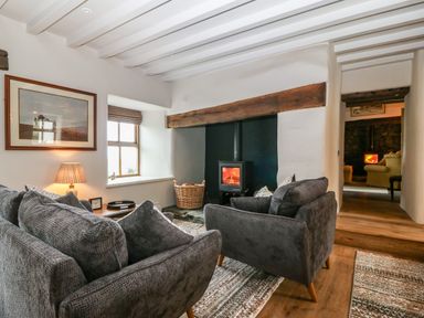 A living room with a wood burning stove two grey sofas a framed picture a window and a lamp at Balog Farm in Amlwch