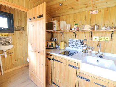 A small wooden kitchen with a sink, toaster, kettle, microwave, and dish rack at Elan in Rhayader