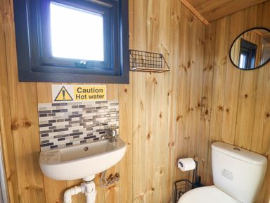 A small bathroom with a sink under a window and a toilet with wooden walls at Elan in Rhayader