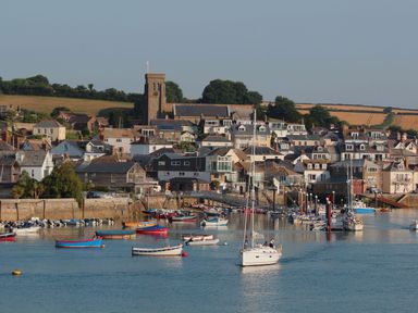 A harbor with boats and houses on a hillside in the background at The Penthouse in Salcombe