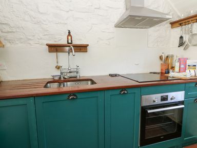 A kitchen with a sink and oven at Dolwylan Cottage Cwmtydu near New Quay