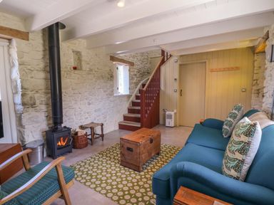 A living room with a stove and sofa at Dolwylan Barn in Cwmtydu near New Quay
