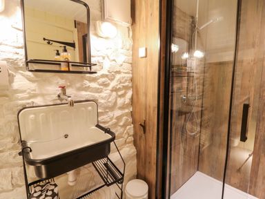 A bathroom with a sink and shower at Dolwylan Barn Cwmtydu near New Quay