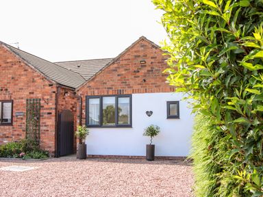 A brick and white exterior wall with two windows and two potted plants on gravel at Oakleigh in Four Crosses