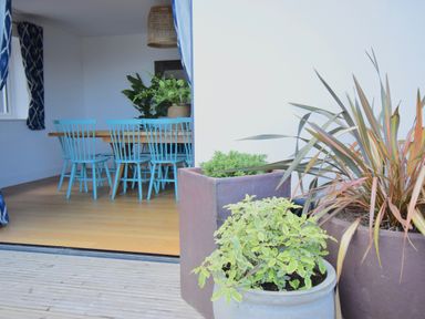 An outdoor area with potted plants and an indoor dining area with blue chairs and a wooden table at Ty Ni in New Quay