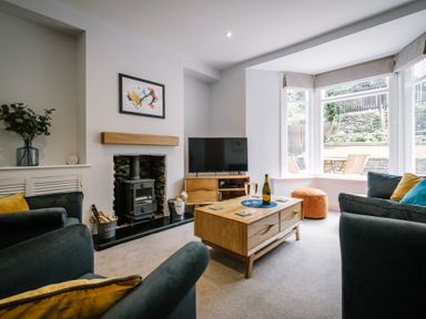 A living room with a wood stove fireplace a television on a wooden stand a wooden coffee table with drinks and cushions on blue sofas at Craig Cottage in Bowness-On-Windermere