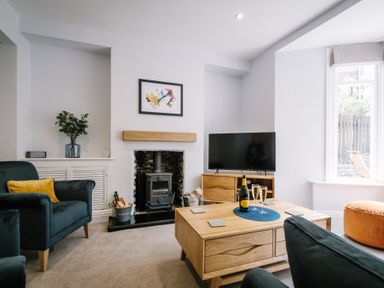 A living room with blue armchairs a wooden coffee table a wood-burning stove and a flat screen TV at Craig Cottage in Bowness-On-Windermere